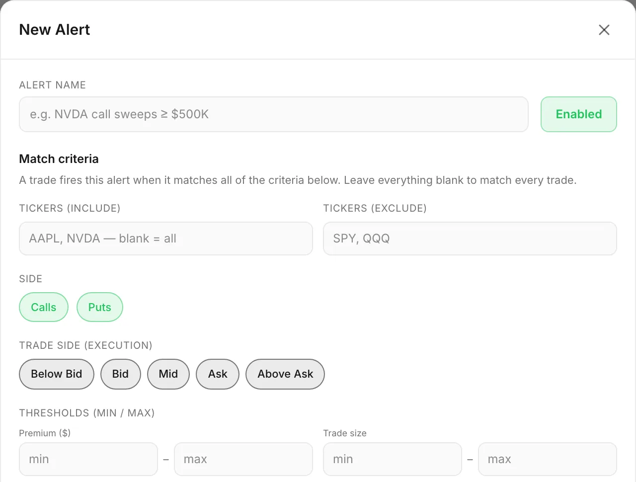 New Flow Alert form with tickers, calls or puts, trade side and premium thresholds
