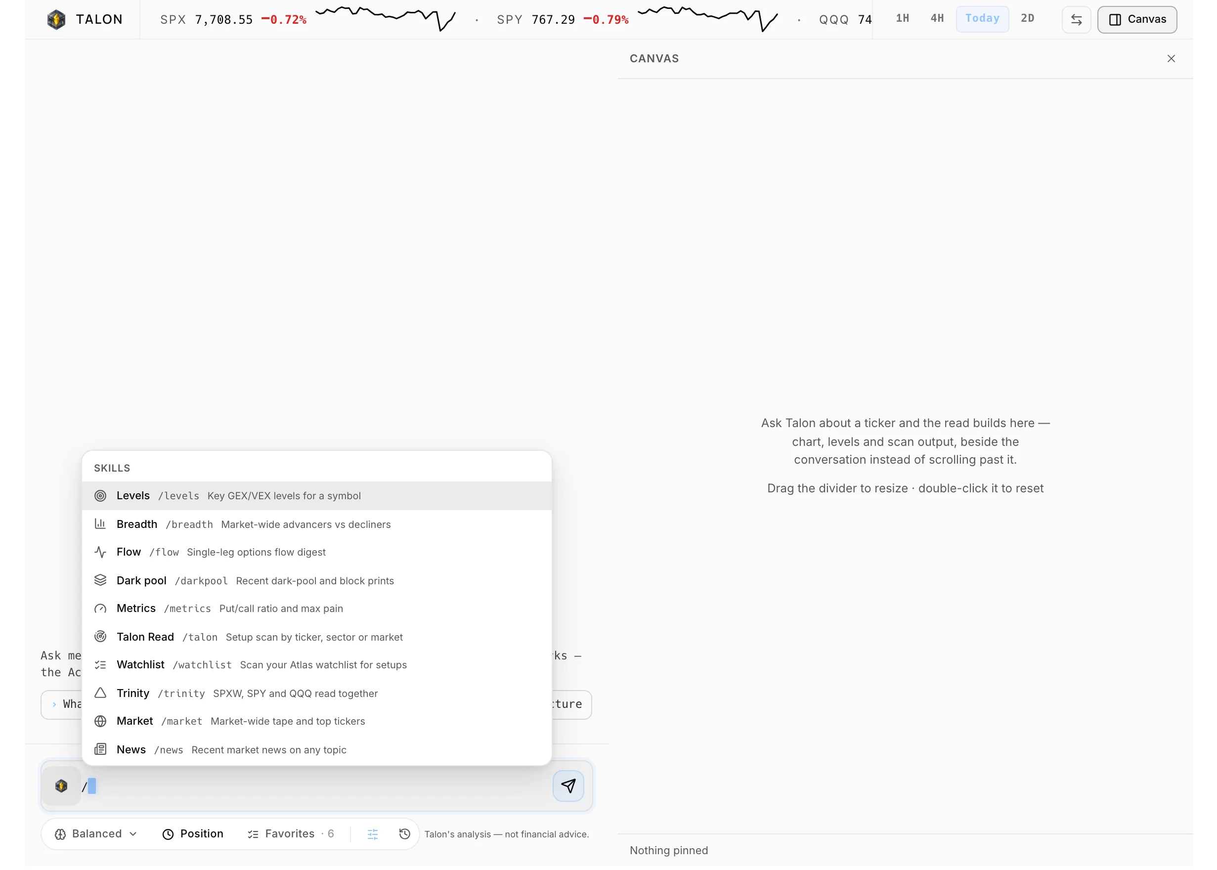 Talon's skills menu: Levels, Breadth, Flow, Dark pool, Metrics, Talon Read, Watchlist, Trinity, Market and News